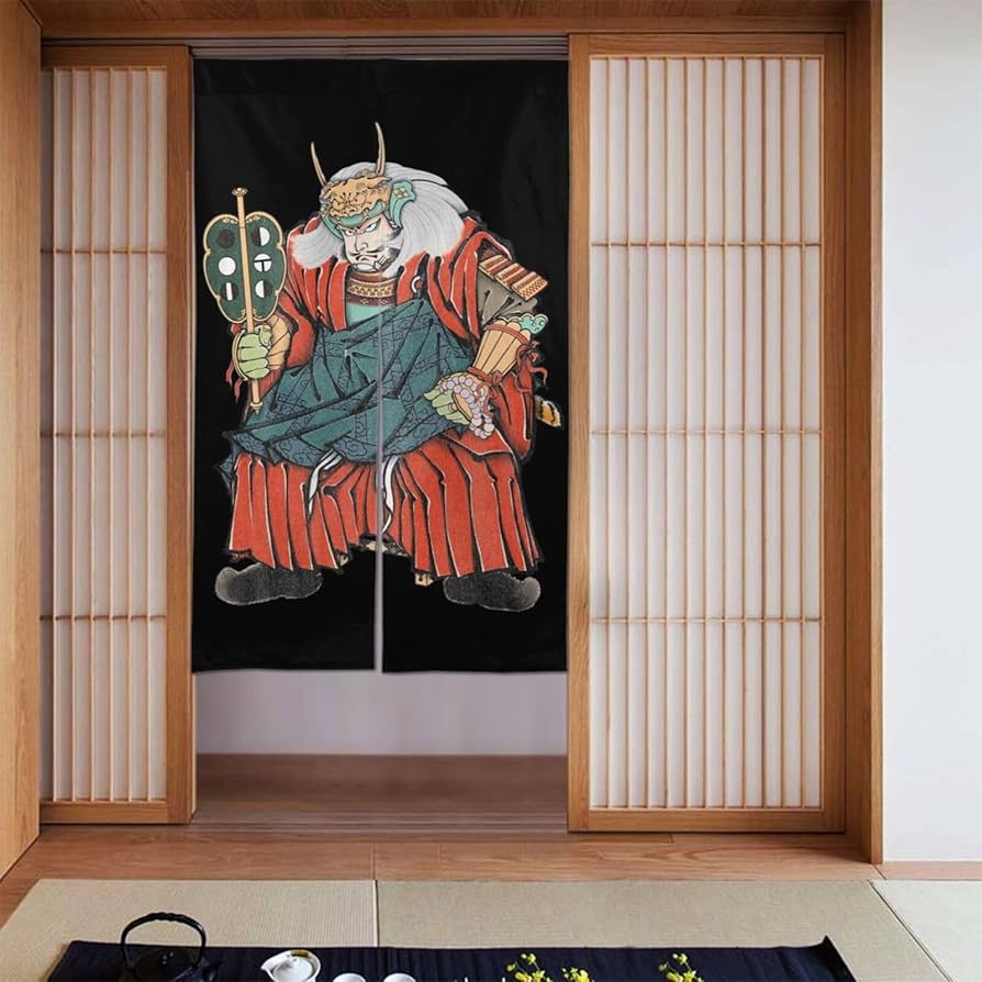 もも　のれん4枚 暖簾 リネン（麻）100% 薄手のれん / ストライプブルー / LN3013